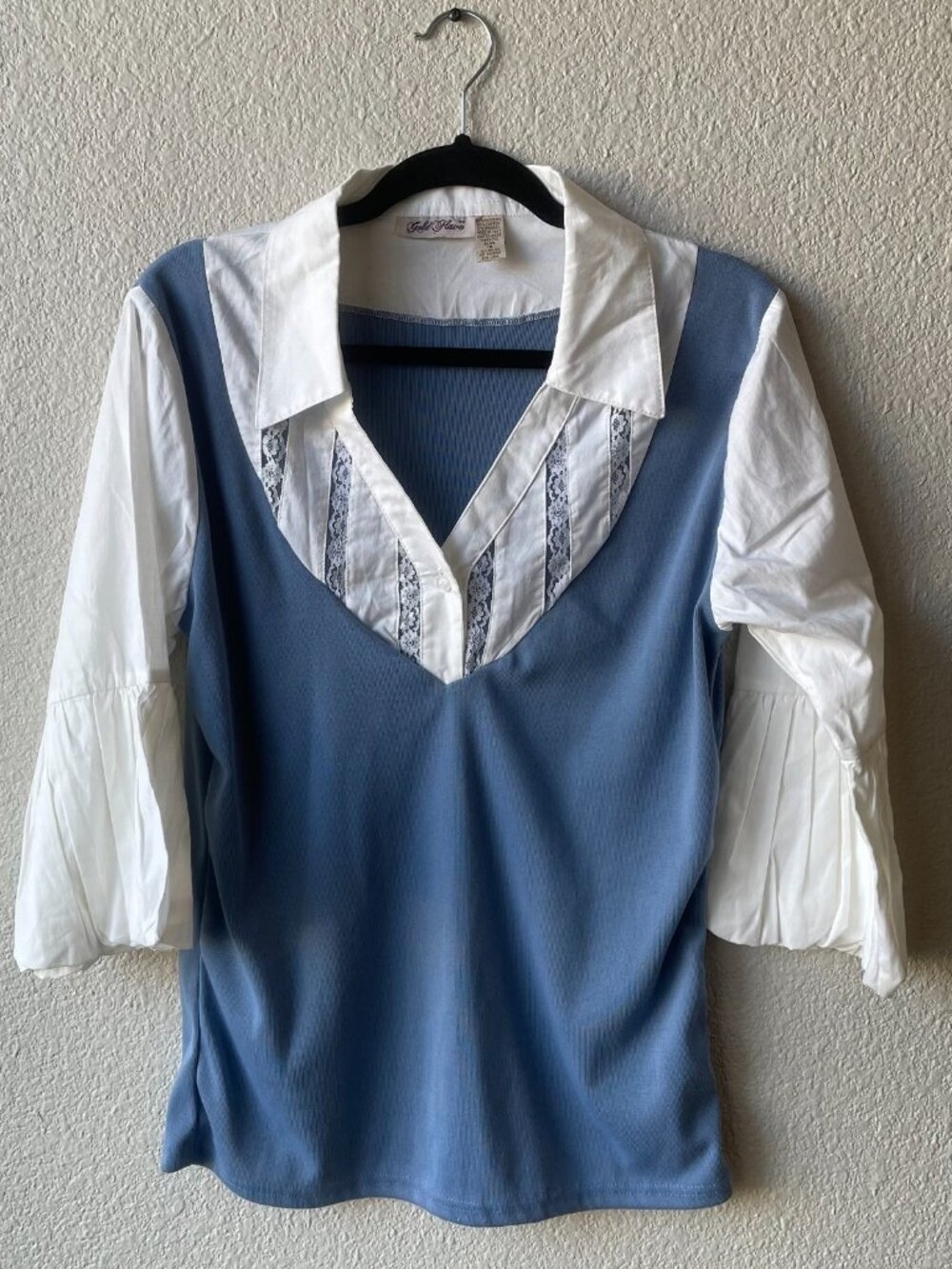 Gold Flava Women's Blue White Blouse Plus Size 16 Lace V-Neck Elbow Sleeve